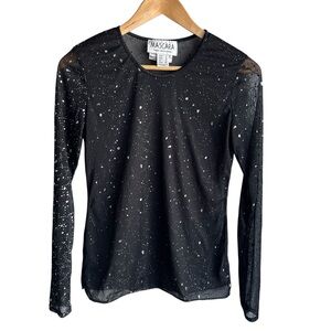 Vintage 90s Sheer Mesh Long Sleeve Top Womens M Black Metallic Splatter Lace EUC